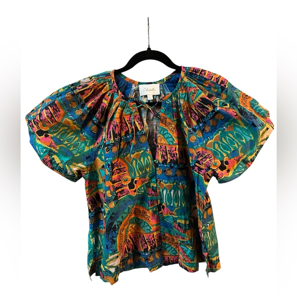 Cleobella Kai 100% Organic Cotton Puff Sleeve Tropical Print Blouse Size Small - Picture 4 of 12